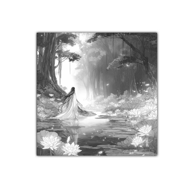 Escena mágica en jardín de loto con figura femenina