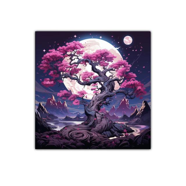 Árbol Sakura bajo luna llena en paisaje fantástico