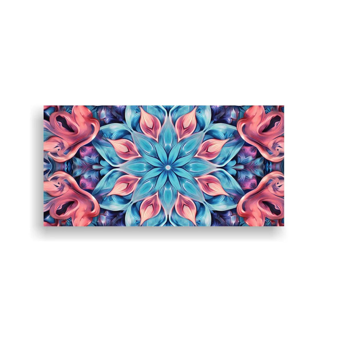 Cuadro mandala floral radial en rosa y turquesa