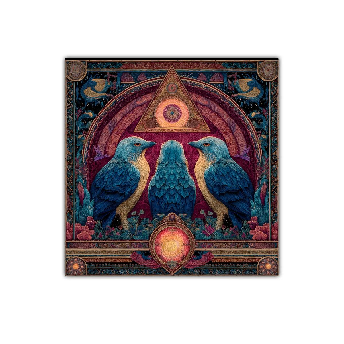 Cuadro decorativo con tres aves azules y símbolos místicos