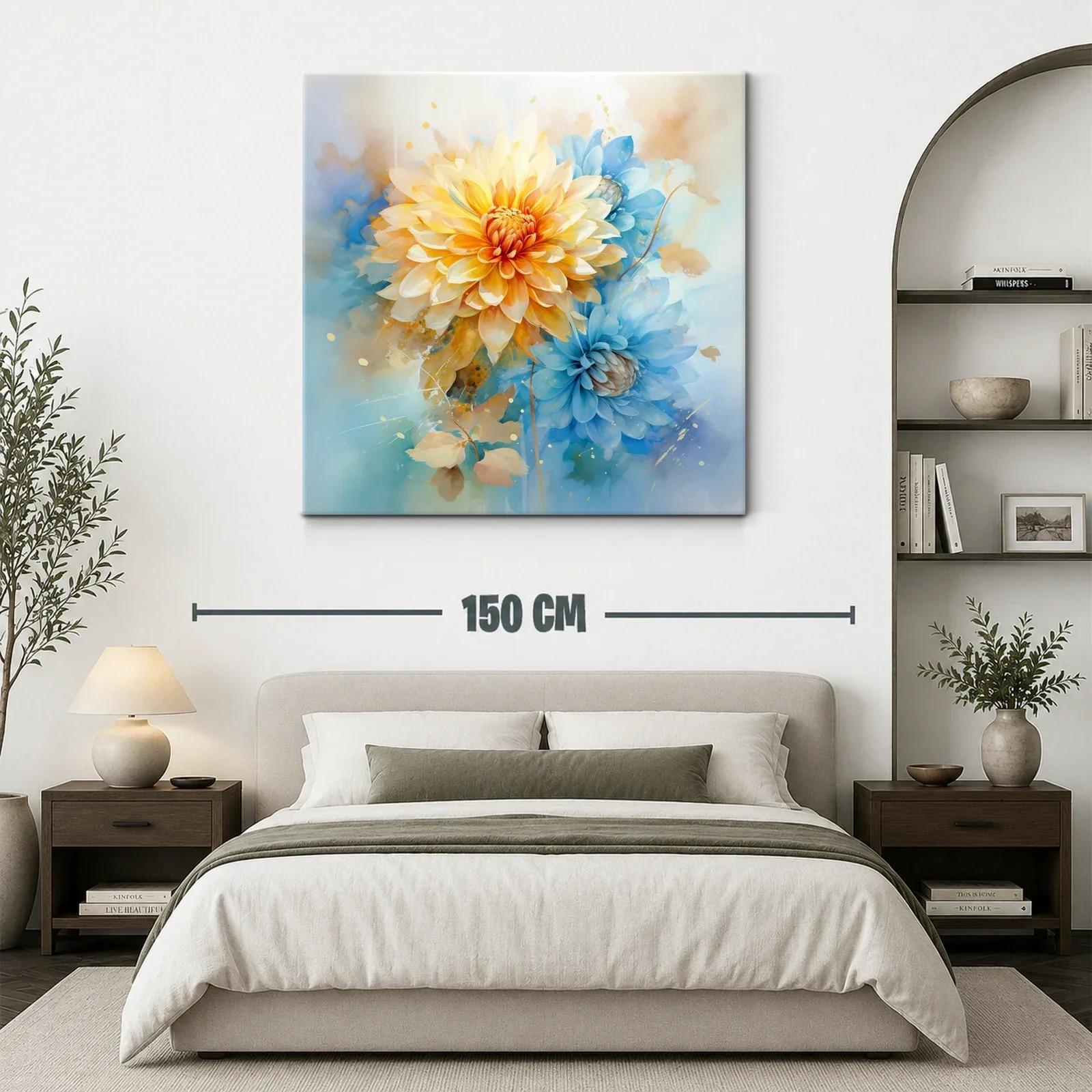 Cuadro floral con pétalos en tonos cálidos y azules suaves — miniatura 3