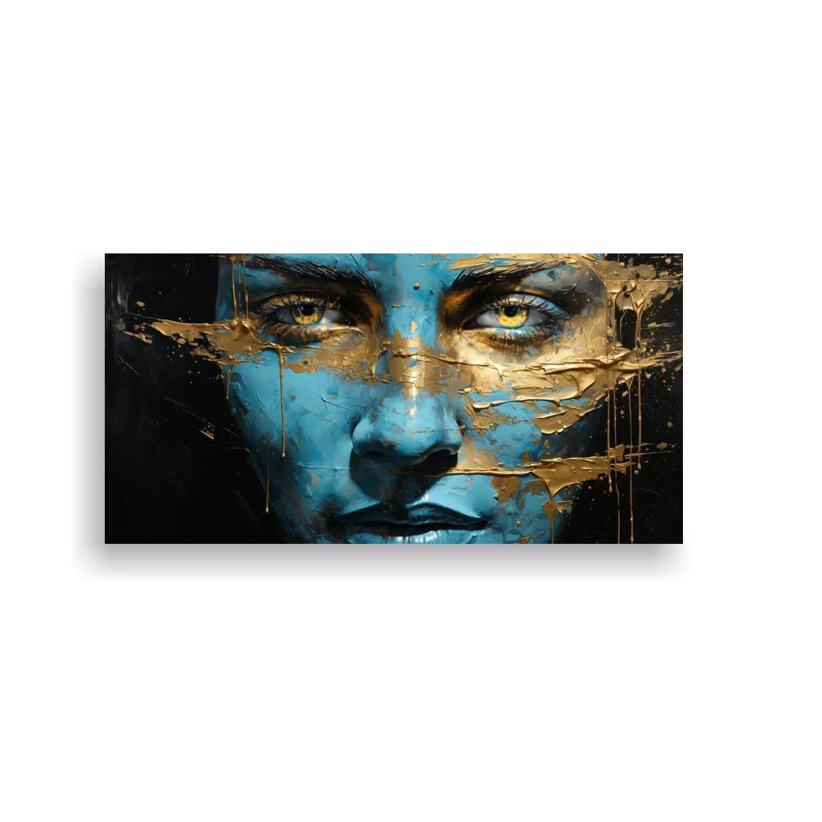 Cuadro rostro de mujer con pintura azul y franjas doradas