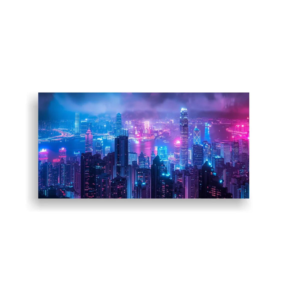 Cuadro skyline urbano nocturno neón con luces rosas azules y violetas
