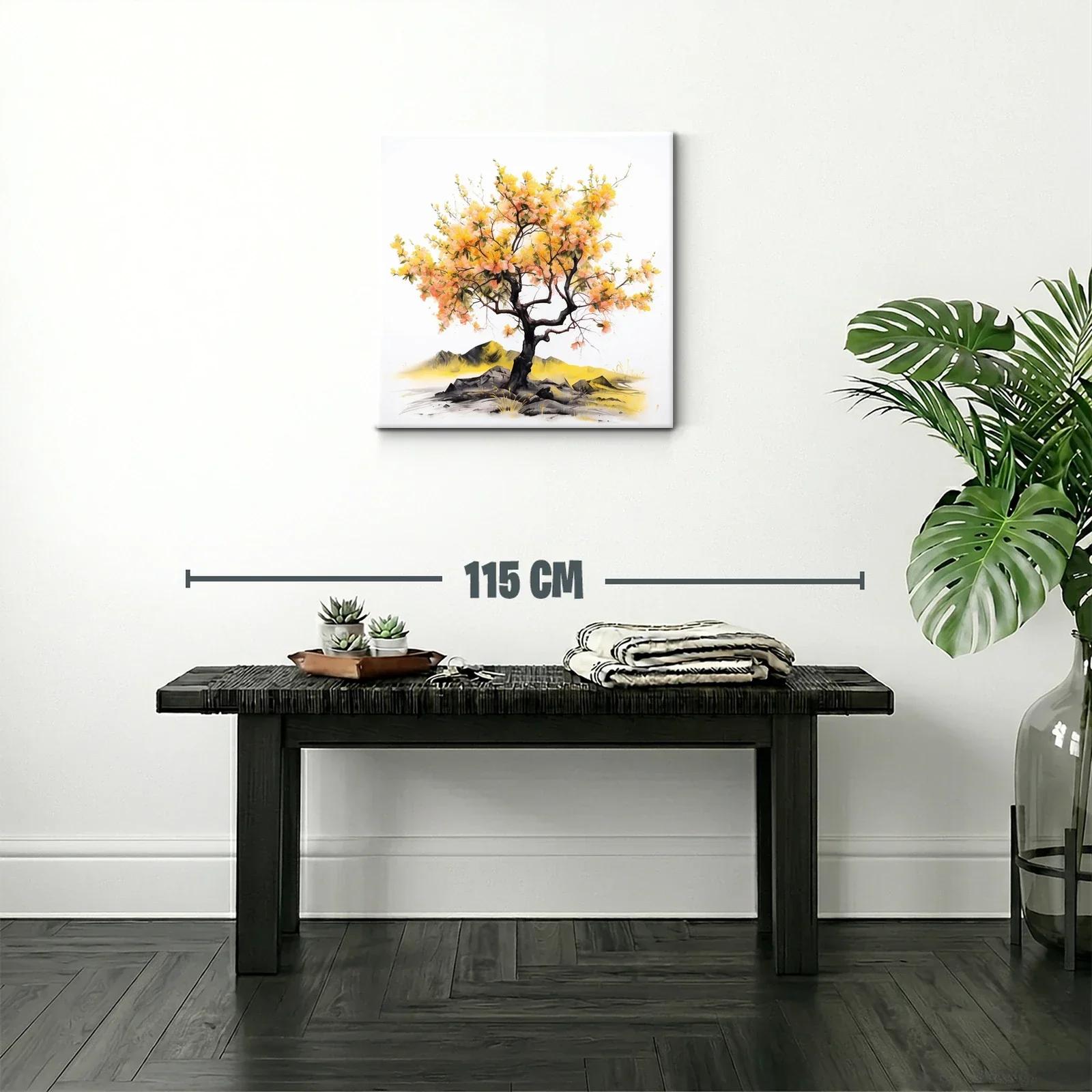 Arbol con flores amarillas y naranjas sobre rocas y paisaje — miniatura 2