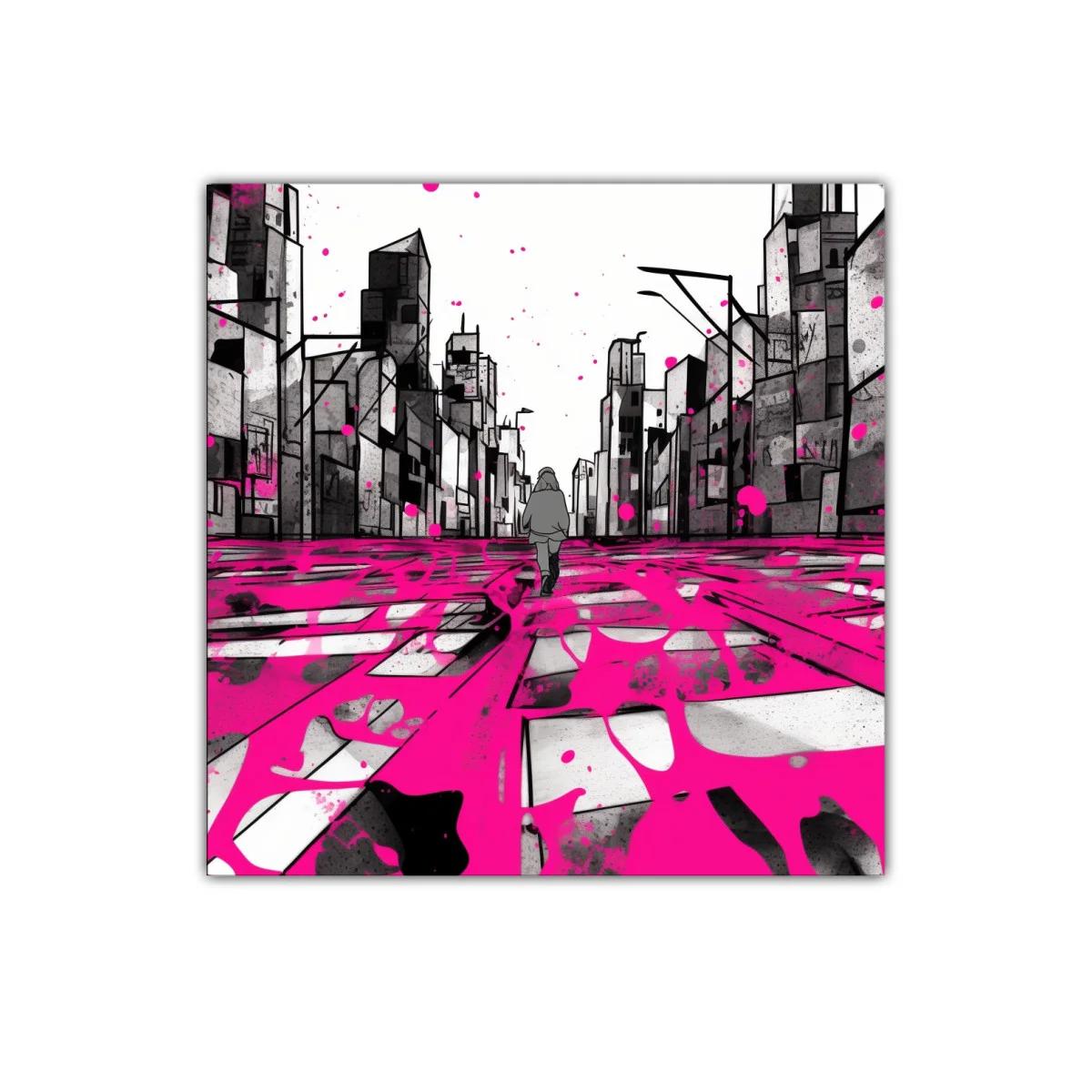 Calle urbana en tonos grises con pinceladas fucsias
