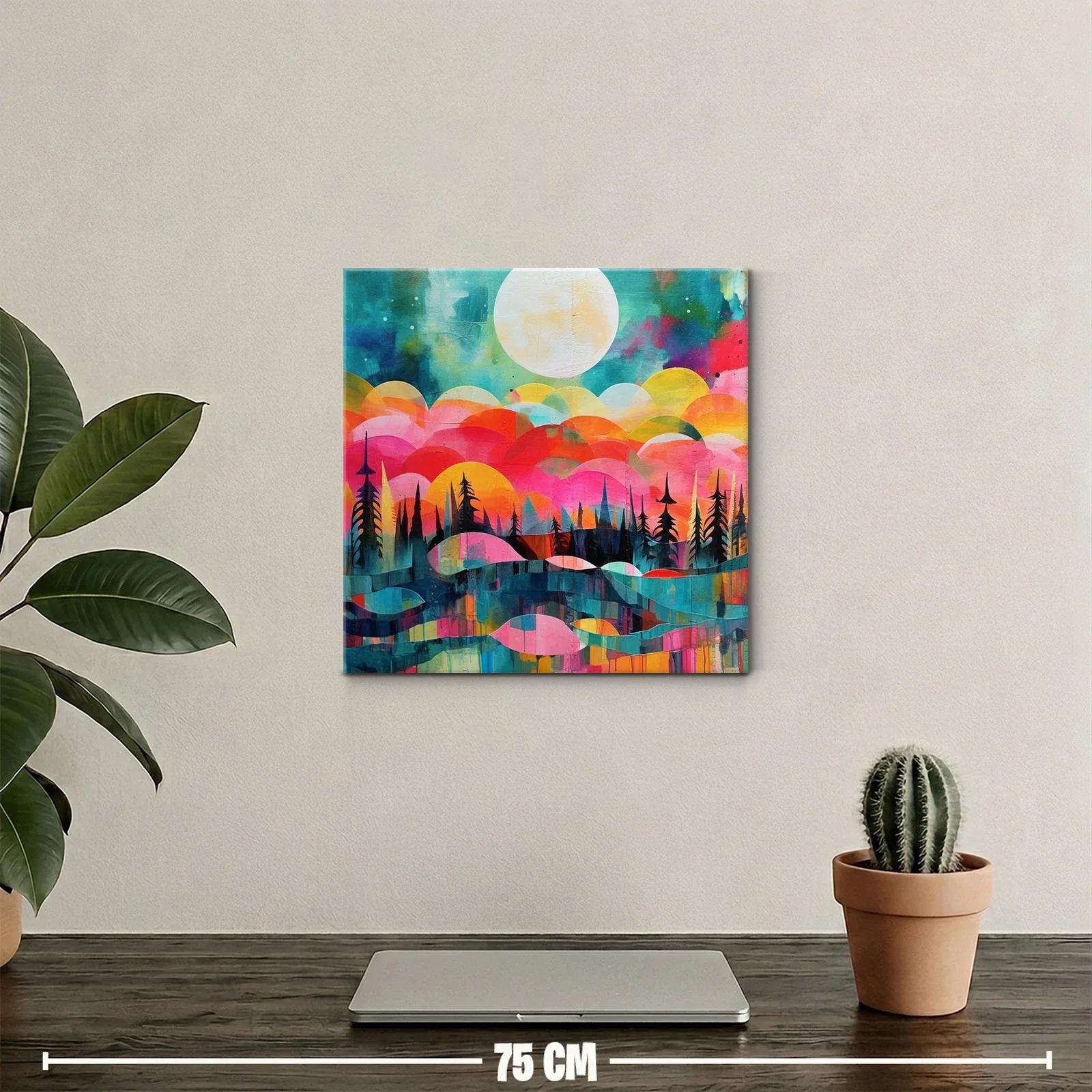 Paisaje abstracto con luna llena y árboles silueteados — miniatura 2