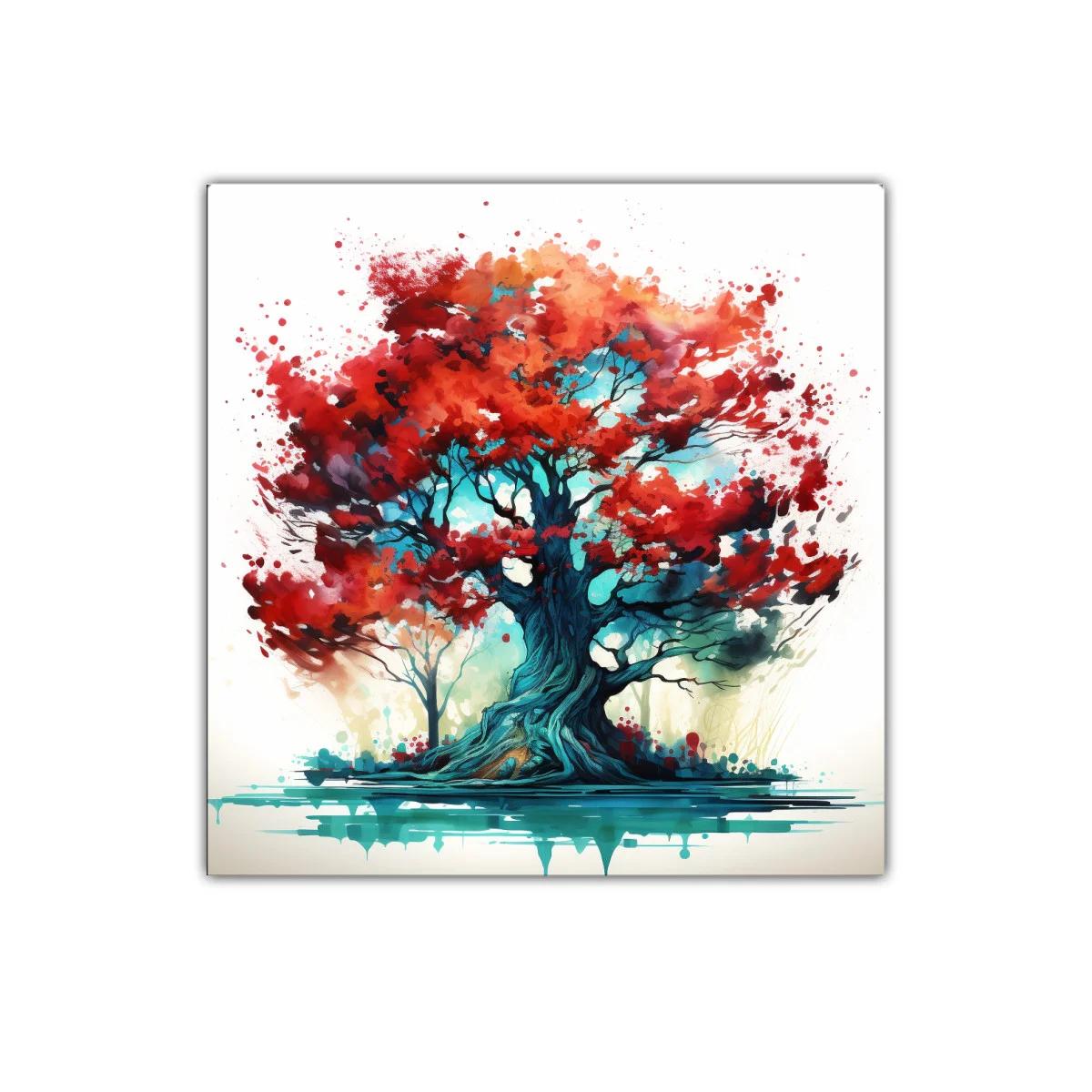 Impactante cuadro árbol con hojas rojas y tonos vibrantes