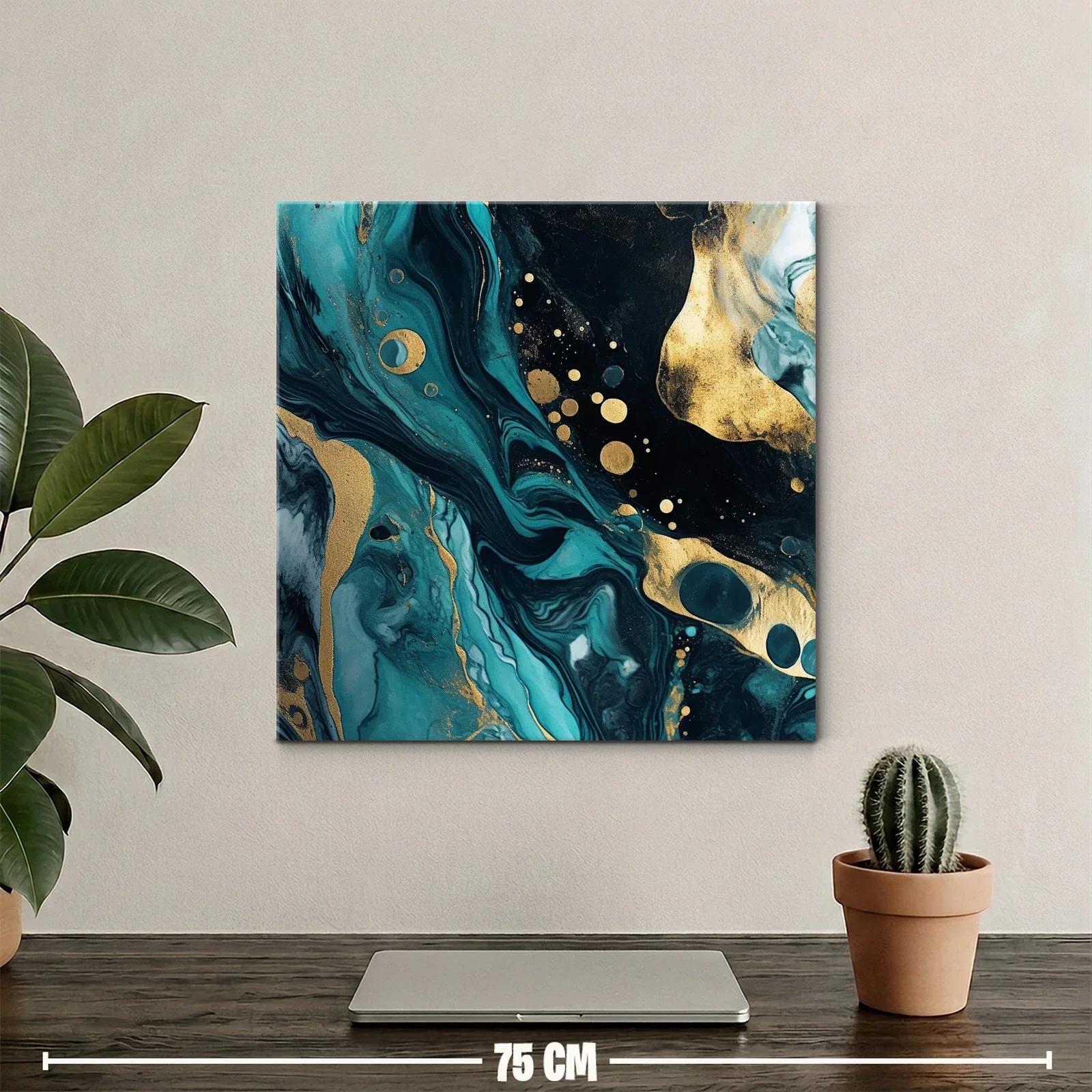 Cuadro abstracto con tonos turquesa y dorado vibrante — miniatura 2