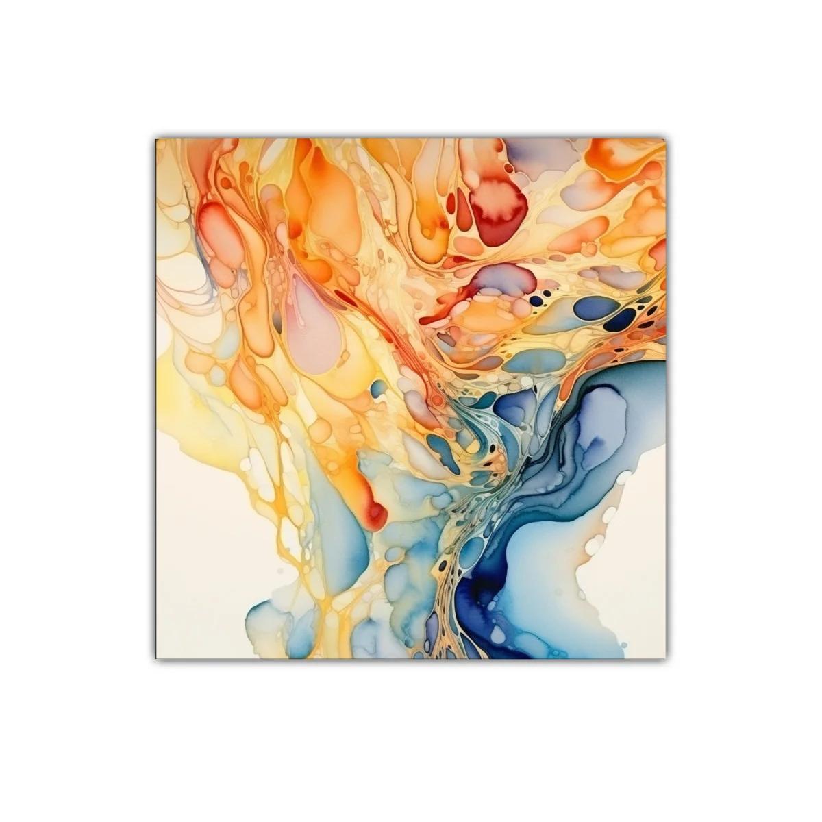 Cuadro abstracto en tonos cálidos y fríos con dinámica fluida