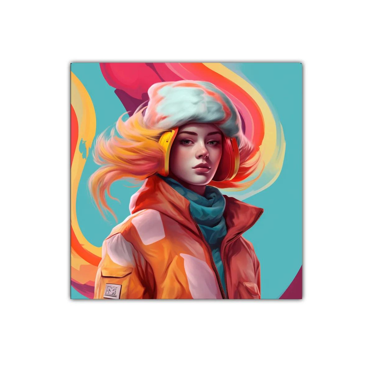 Retrato vibrante de mujer con auriculares y abrigo naranja — imagen principal