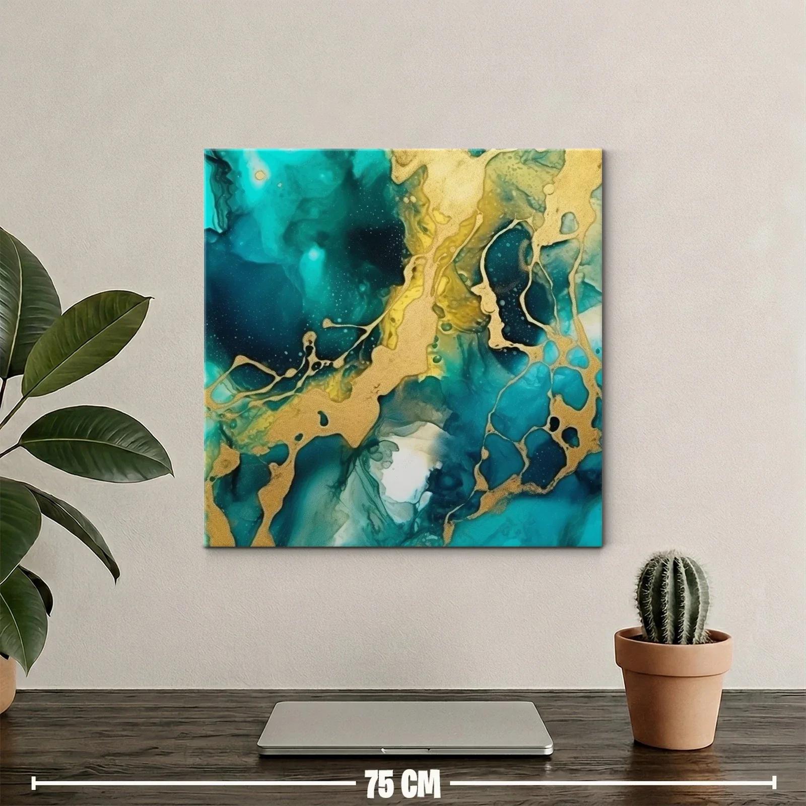 Cuadro abstracto con tonos turquesa y dorados vibrantes — miniatura 2