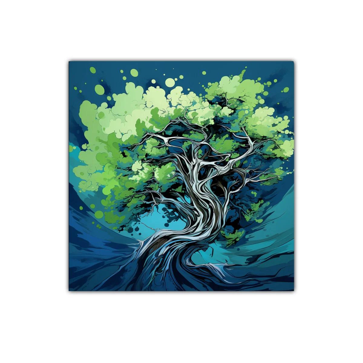 Árbol abstracto con ramas entrelazadas y hojas verdes