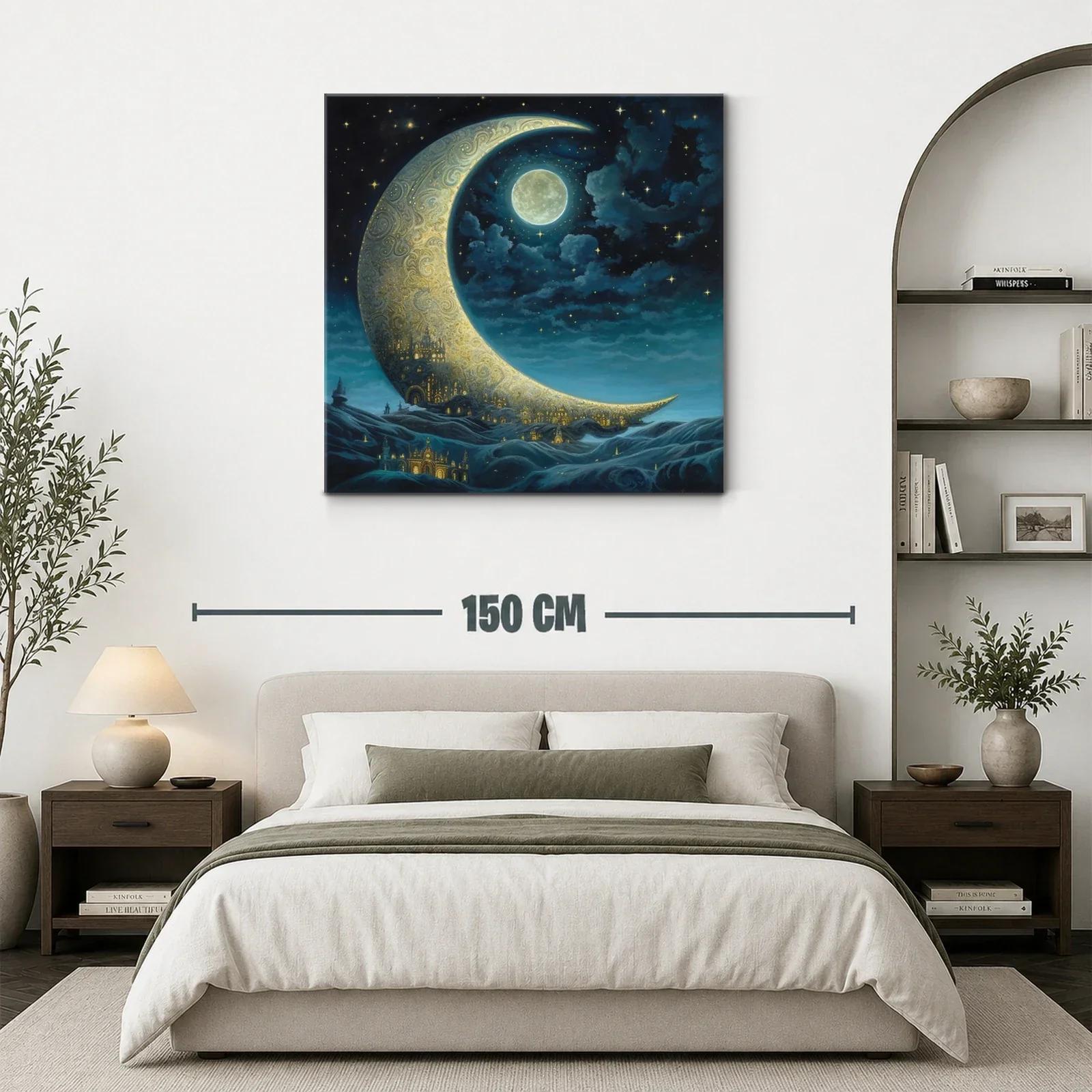 Paisaje nocturno con luna creciente y ciudad dorada — miniatura 3