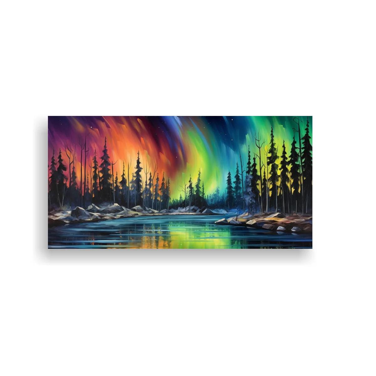 Cuadro aurora boreal con lago y bosque de pinos — imagen principal