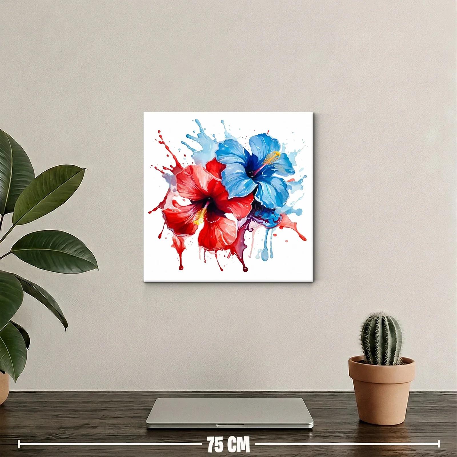 Cuadro moderno de flores hibisco en tonos rojo y azul — miniatura 2