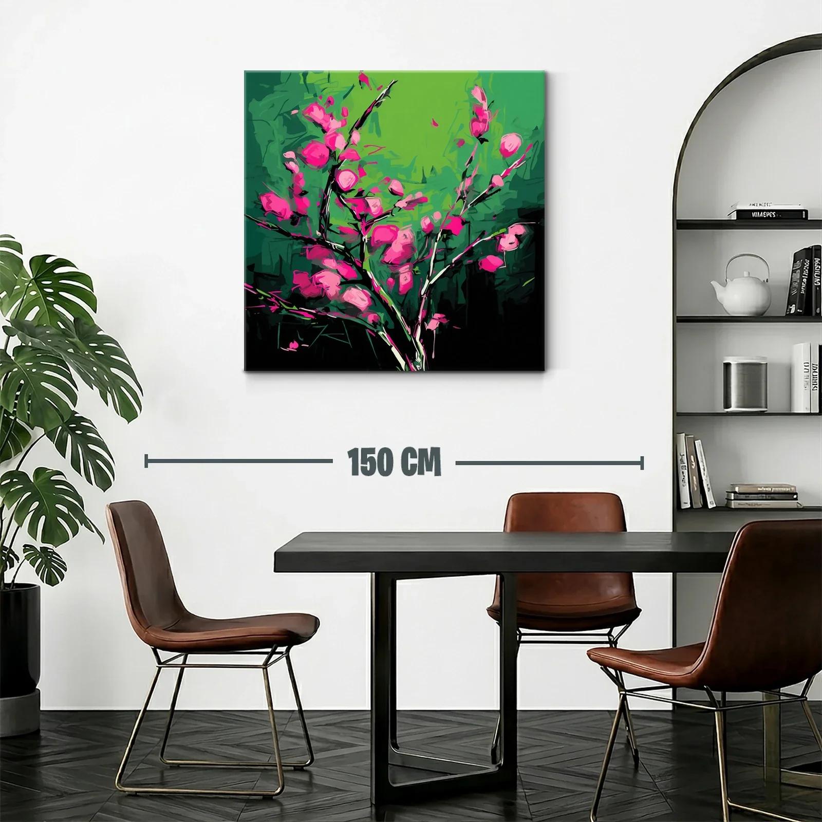Cuadro vibrante con flores fucsias sobre fondo verde — miniatura 2
