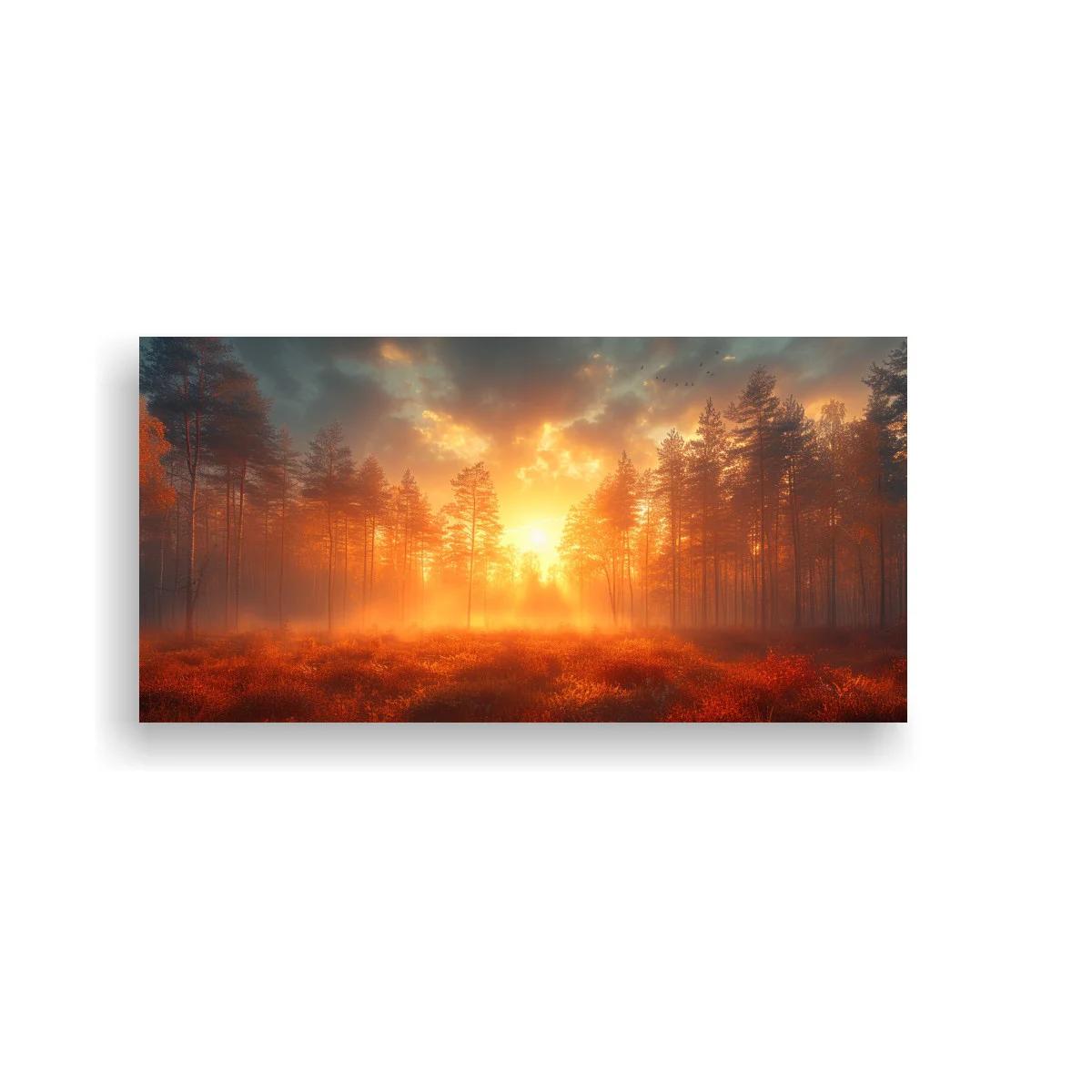Cuadro bosque al amanecer con pinos y suelo rojizo — imagen principal