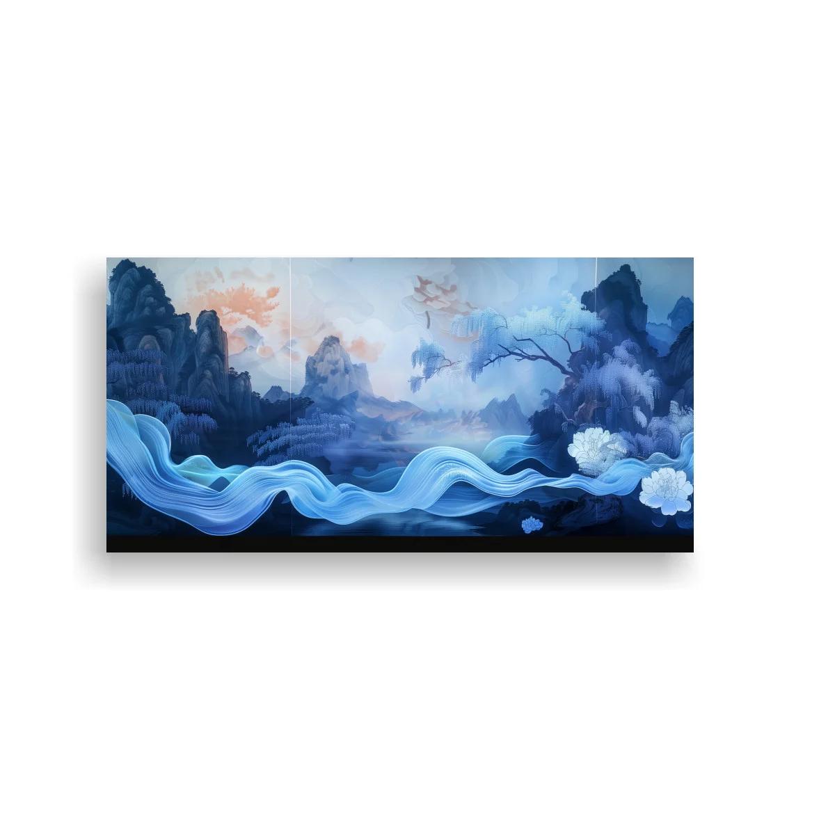 Cuadro paisaje de montañas con olas azules y flores blancas