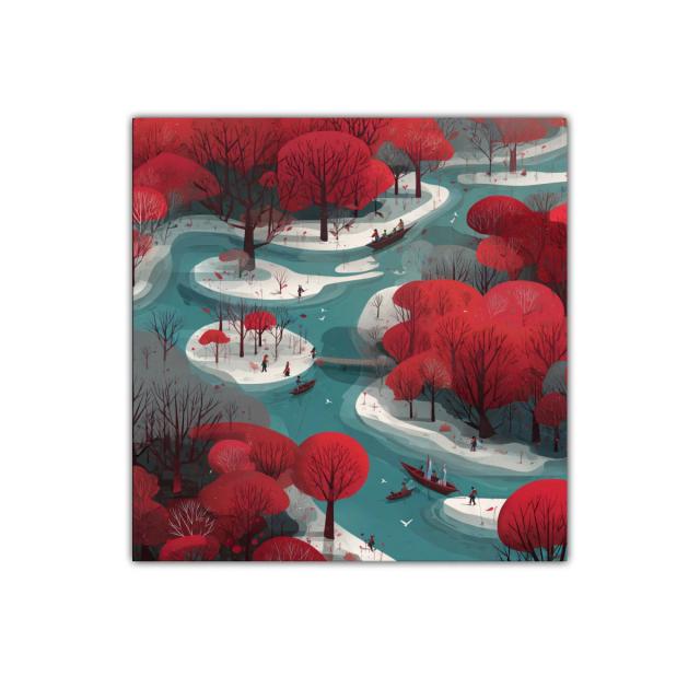 Paisaje de río con árboles rojos y caminos curvos