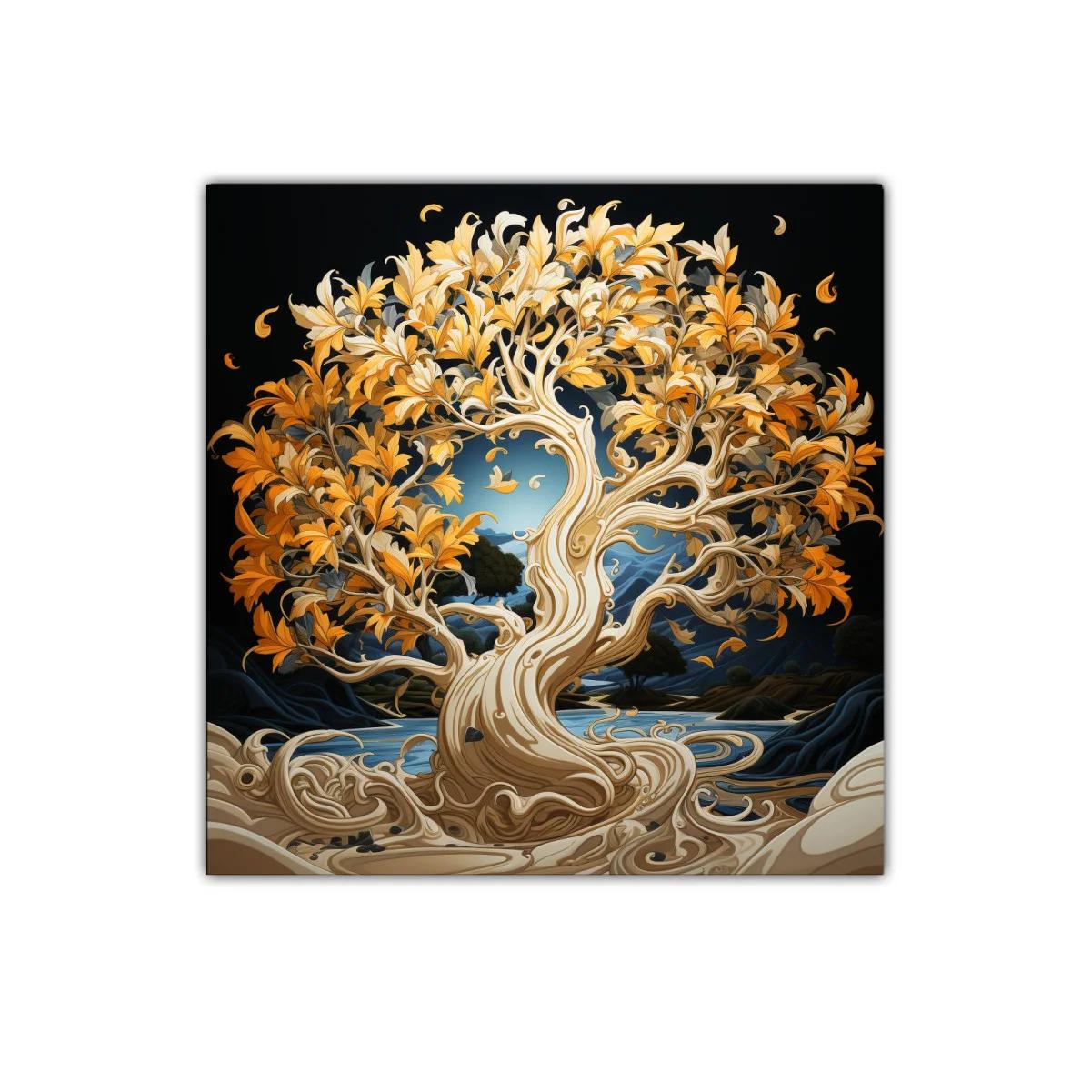 Árbol dorado en paisaje onírico con detalles fluidos