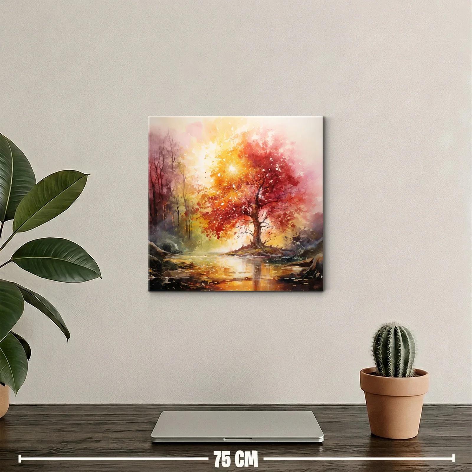 Atardecer en el bosque con árbol rojo y reflejos dorados — miniatura 2