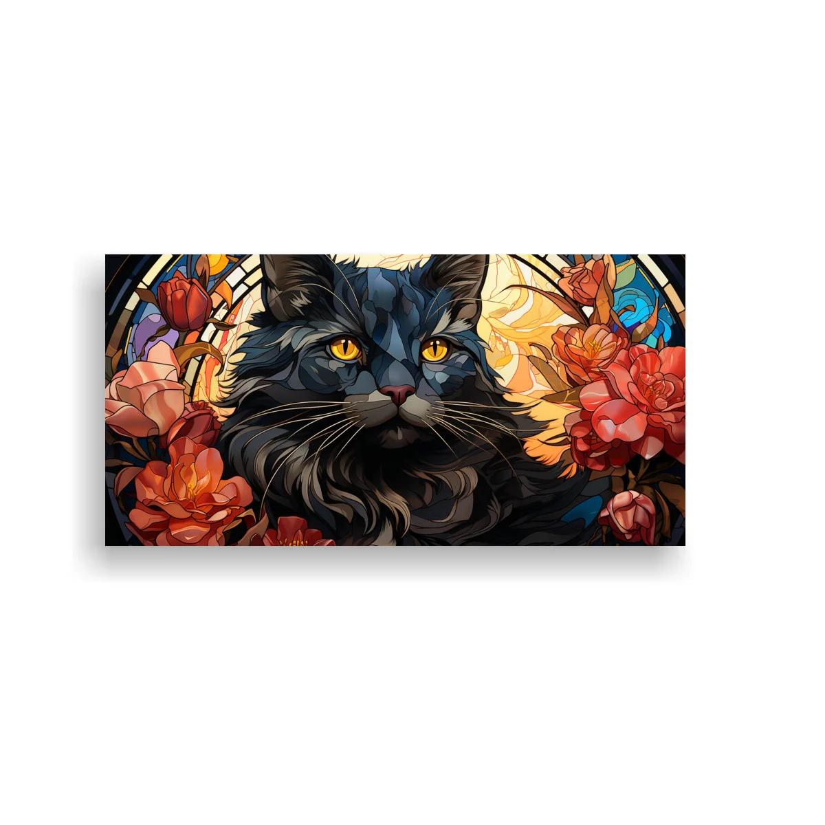 Cuadro gato negro de ojos amarillos con flores tipo vitral