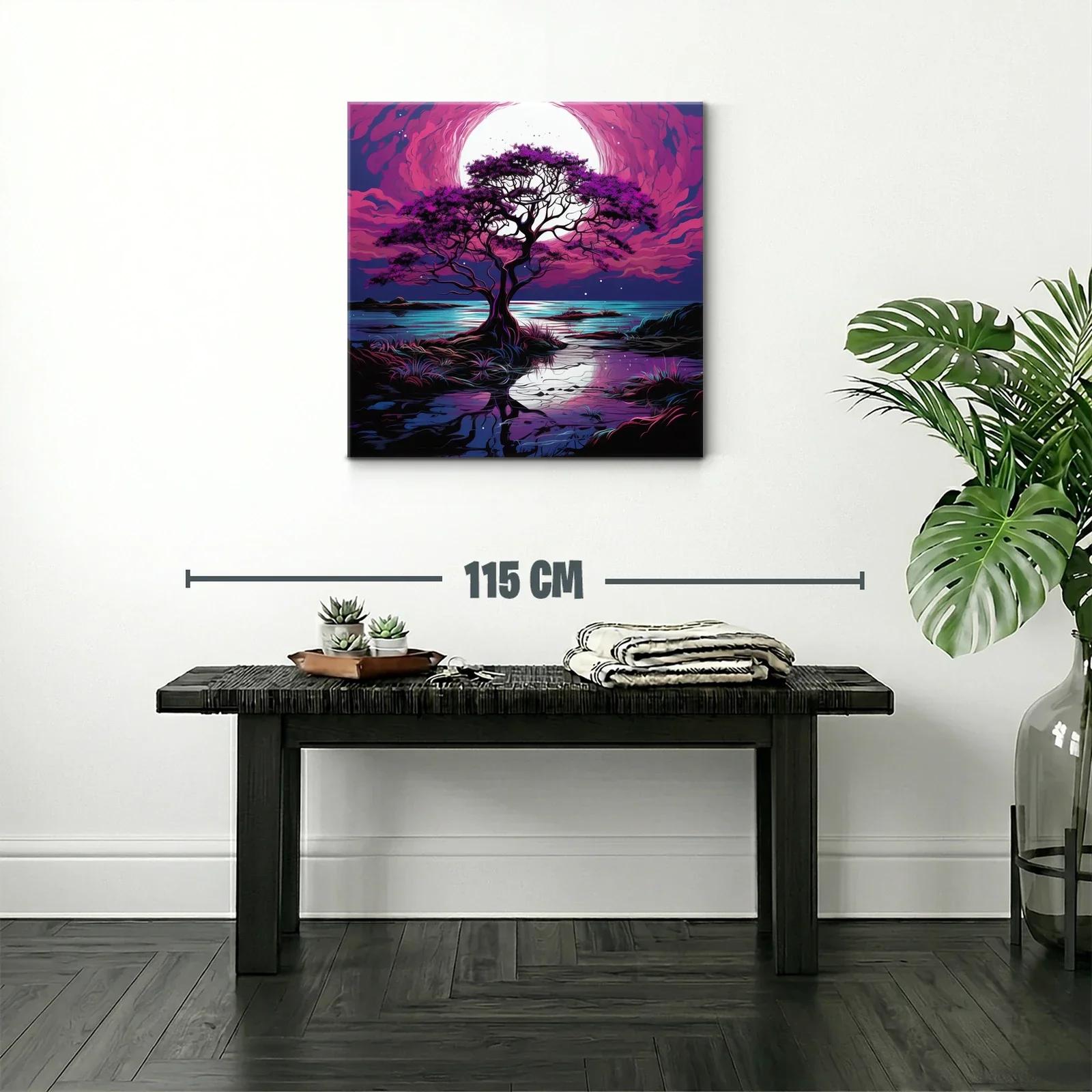 Árbol solitario bajo la luna en tonos morados y azules — miniatura 2