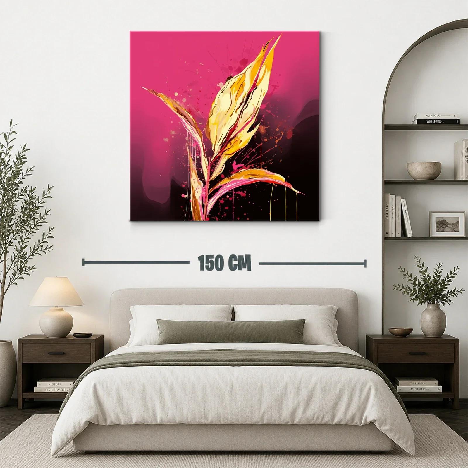 Cuadro abstracto con hojas vibrantes en tonos dorados y rosa — miniatura 3