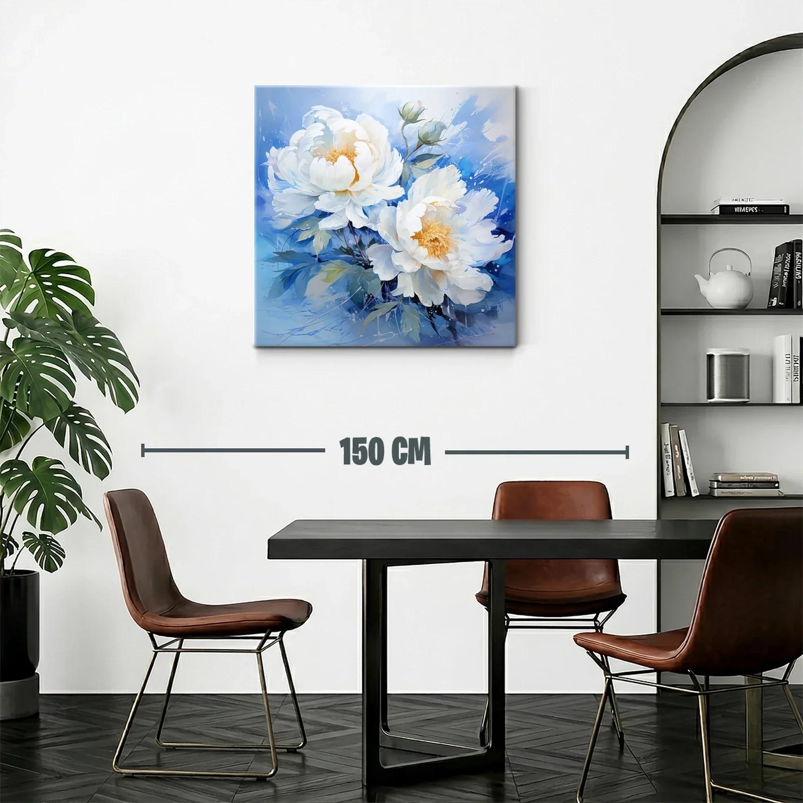 Cuadro floral con peonías blancas sobre fondo azul — miniatura 2