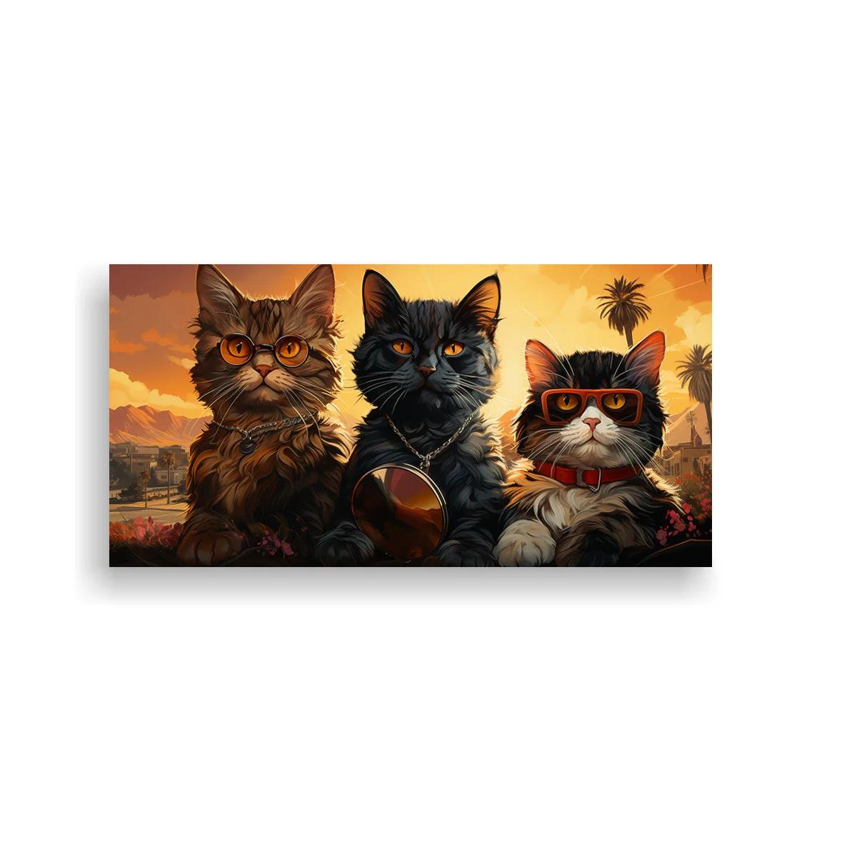Cuadro tres gatos con gafas y palmeras