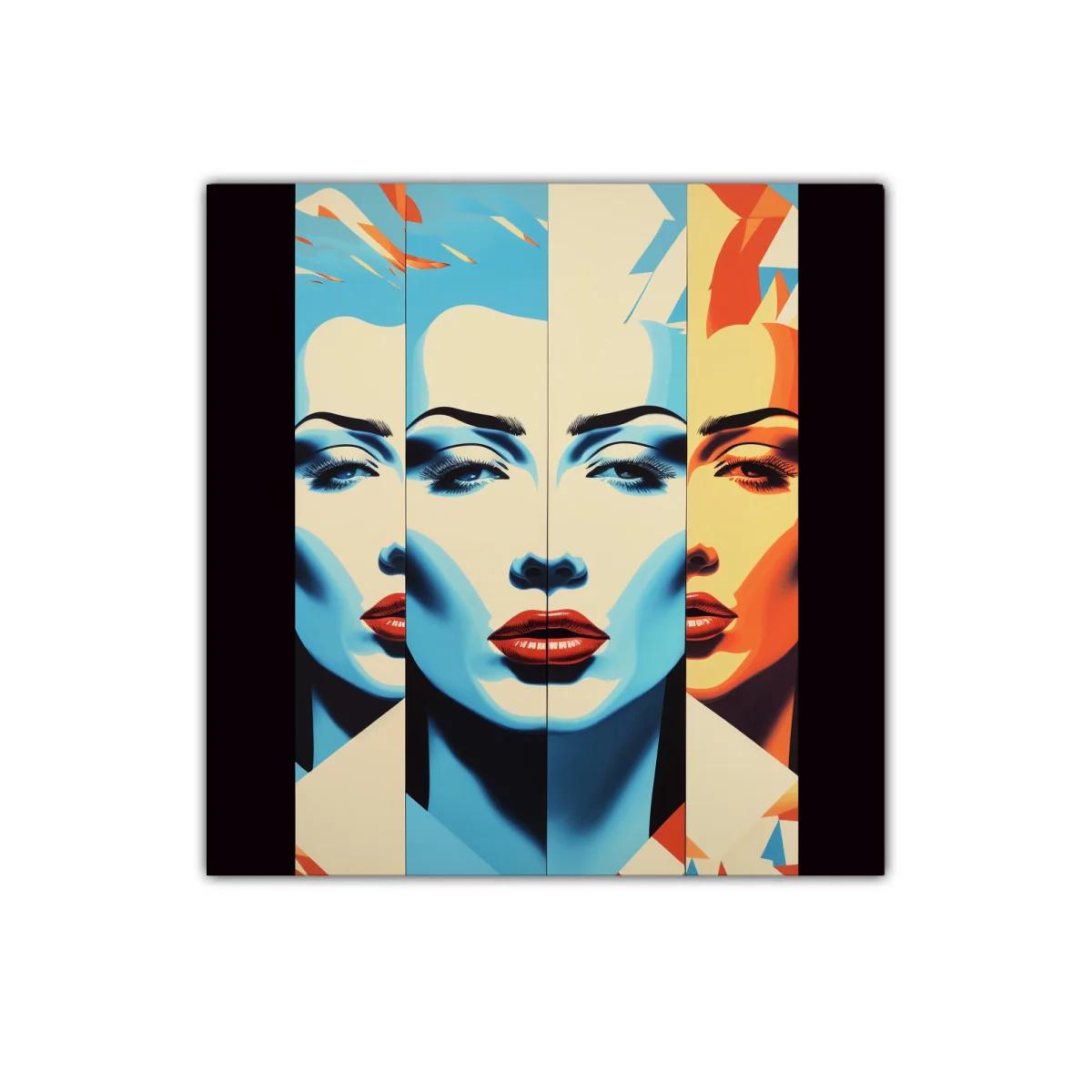 Retrato femenino vibrante en tonos cálidos y azules contrastantes