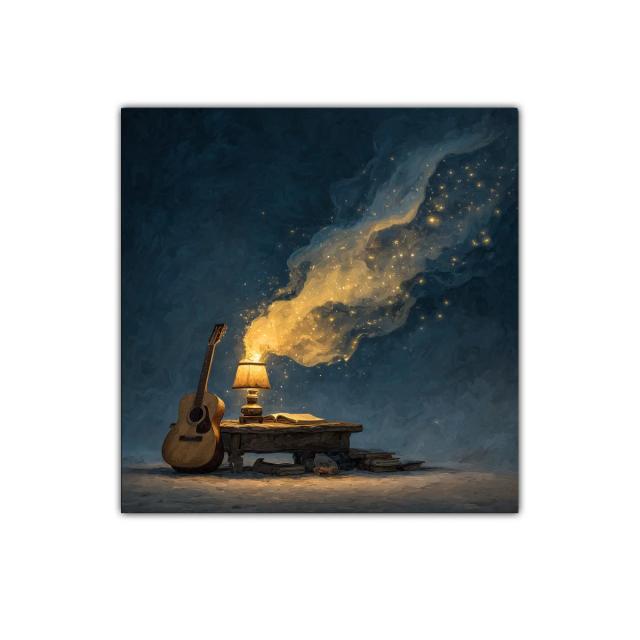 Guitarra y lámpara con humo mágico iluminando el espacio