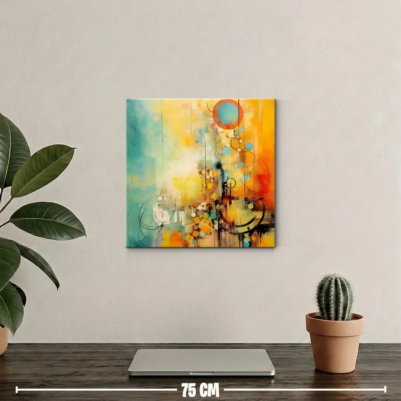 Cuadro abstracto con círculos en tonos cálidos y azules suaves — miniatura 2