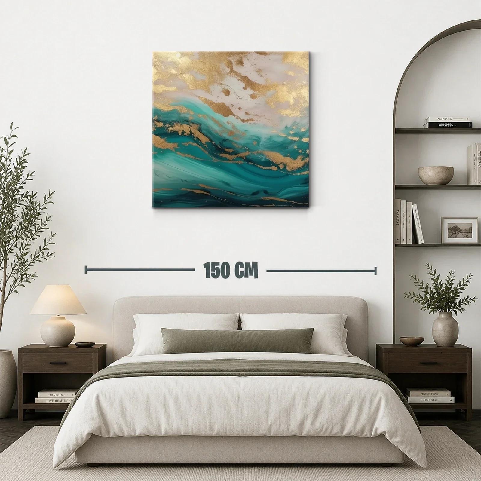 Cuadro abstracto con efecto dorado y tonos turquesa y azul — miniatura 3