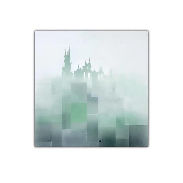 Paisaje urbano con silueta de castillo entre niebla suave