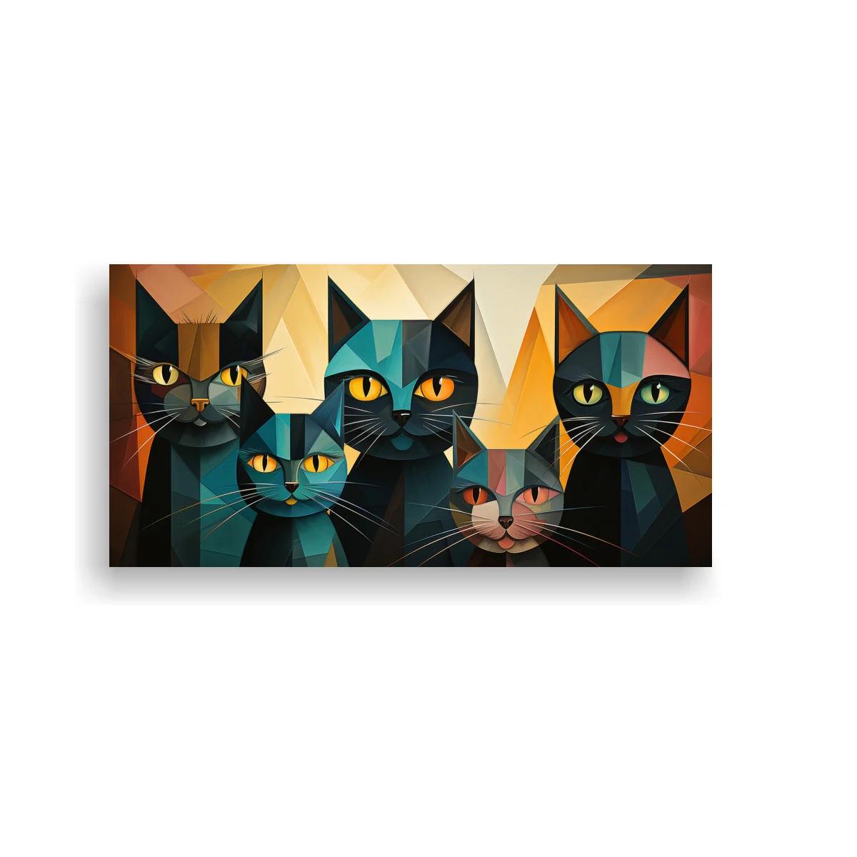 Cuadro cuatro gatos negros facetados con ojos amarillos