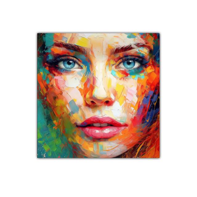 Retrato vibrante con rostro femenino y ojos azules profundos