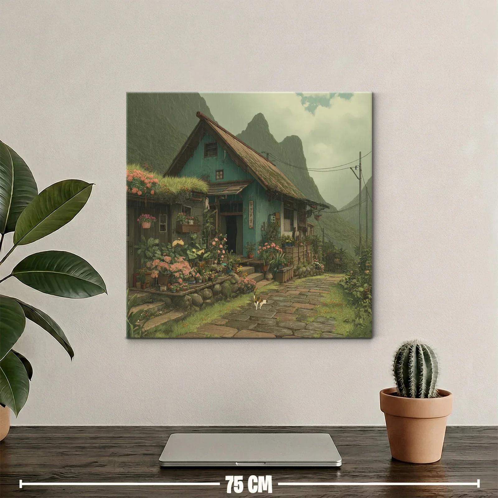 Paisaje rural con casa y jardín florido bajo lluvia suave — miniatura 2