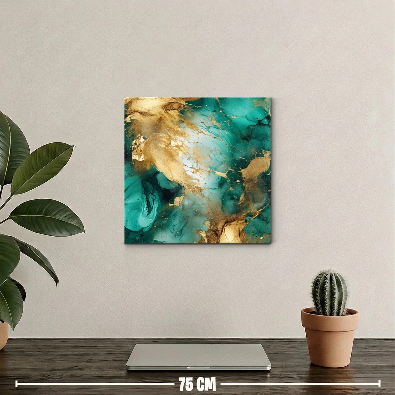 Cuadro abstracto con tonos dorados y verdes vibrantes — miniatura 2