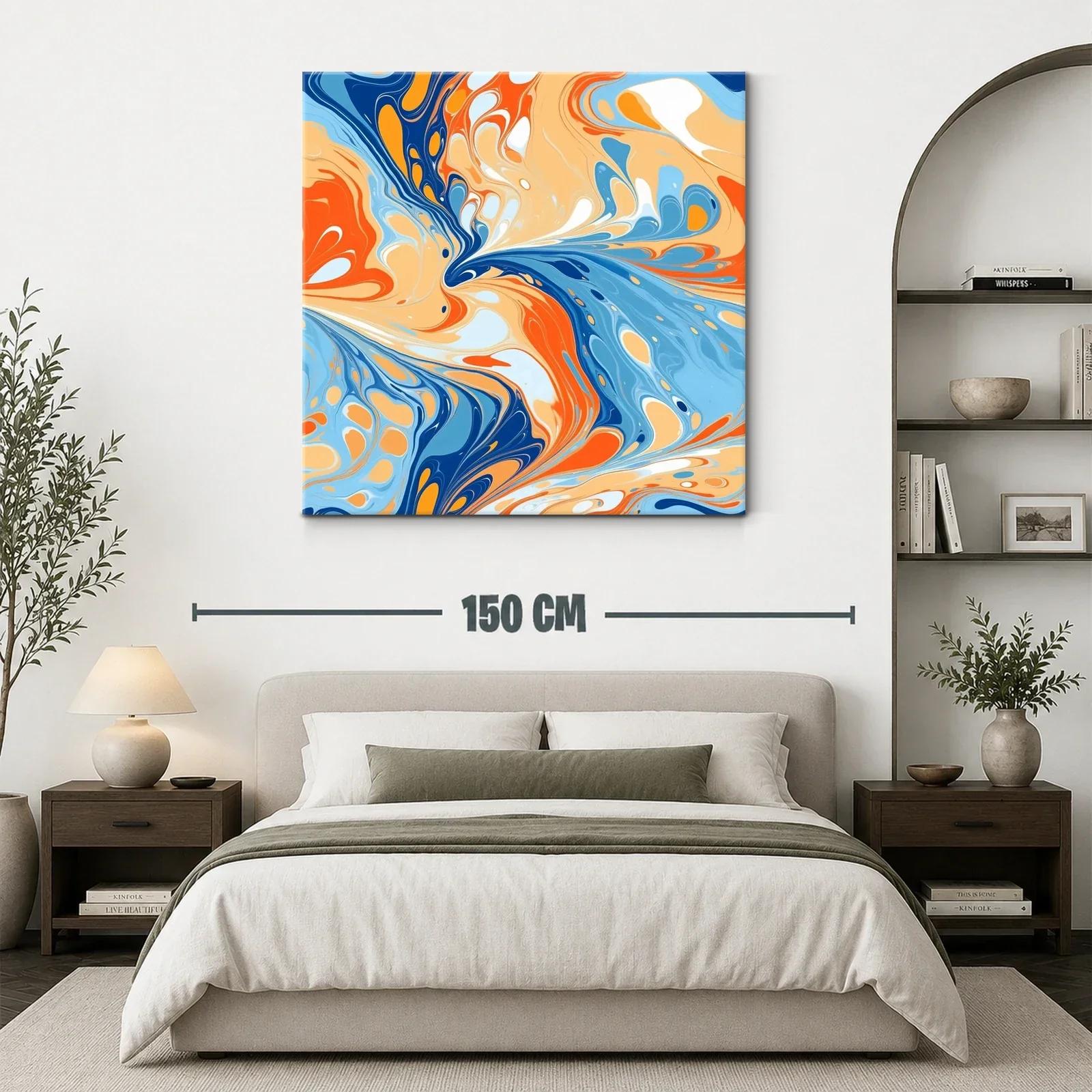 Cuadro abstracto con dinámicos remolinos en tonos cálidos y azules — miniatura 3