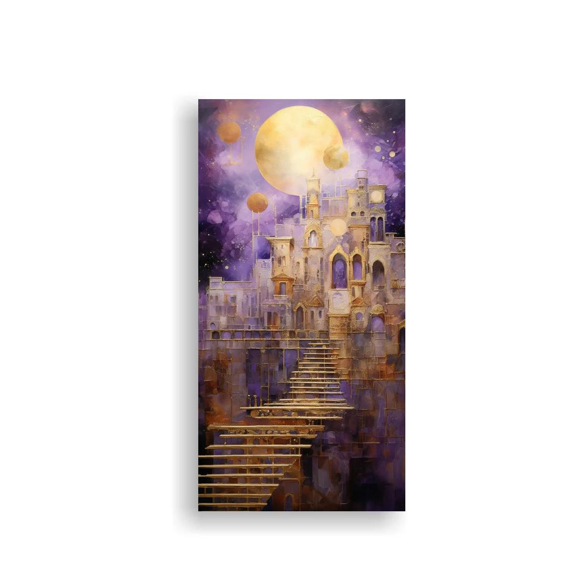 Cuadro castillo fantástico bajo luna llena y neblina violeta — imagen principal