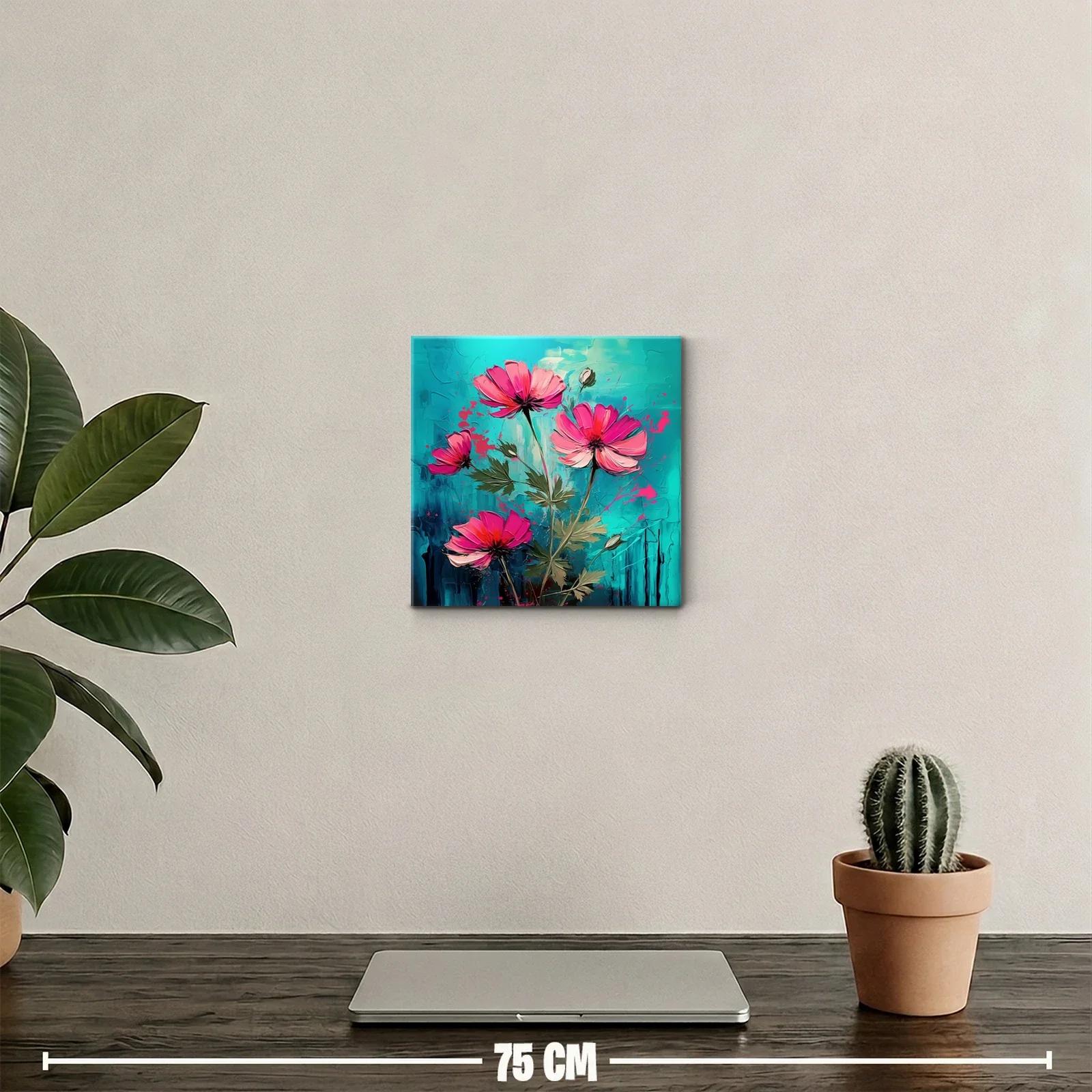 Cuadro decorativo con flores rosas sobre fondo turquesa vibrante — miniatura 2