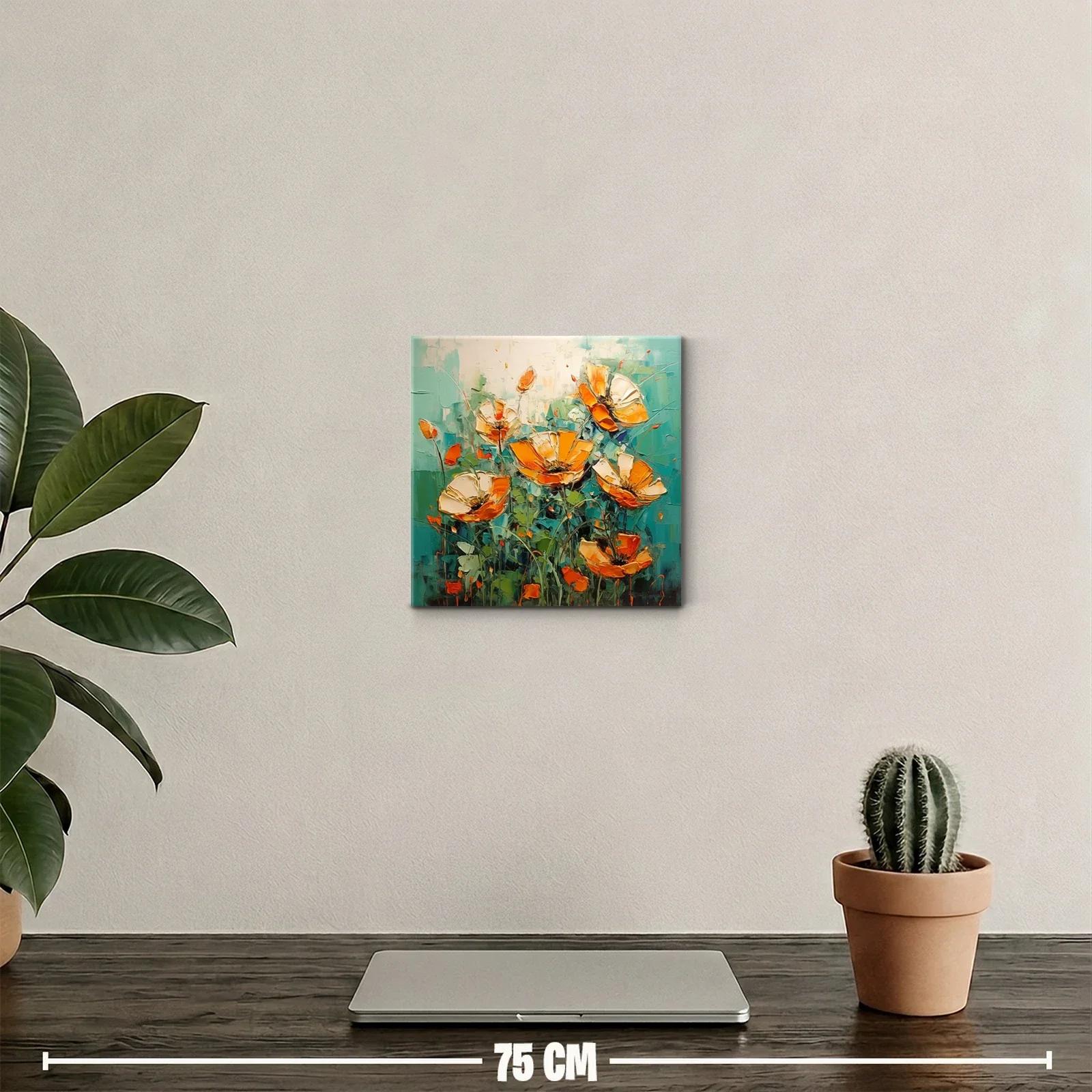 Cuadro floral vibrante con flores naranjas sobre fondo azul verdoso — miniatura 2