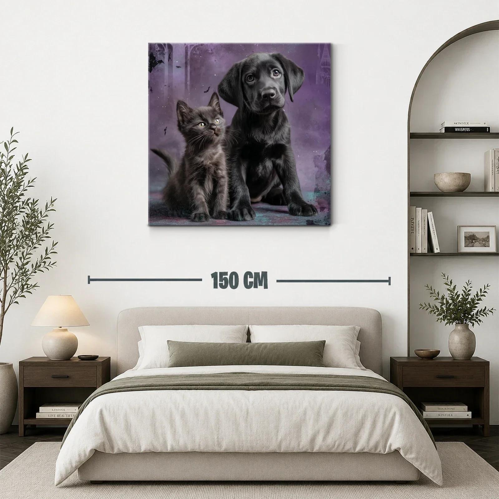 Tierno cuadro de cachorro y gatito sobre fondo violeta — miniatura 3