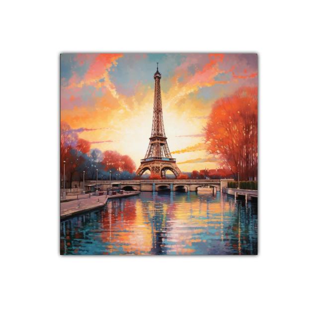 Atardecer mágico con torre emblemática y reflejos en agua