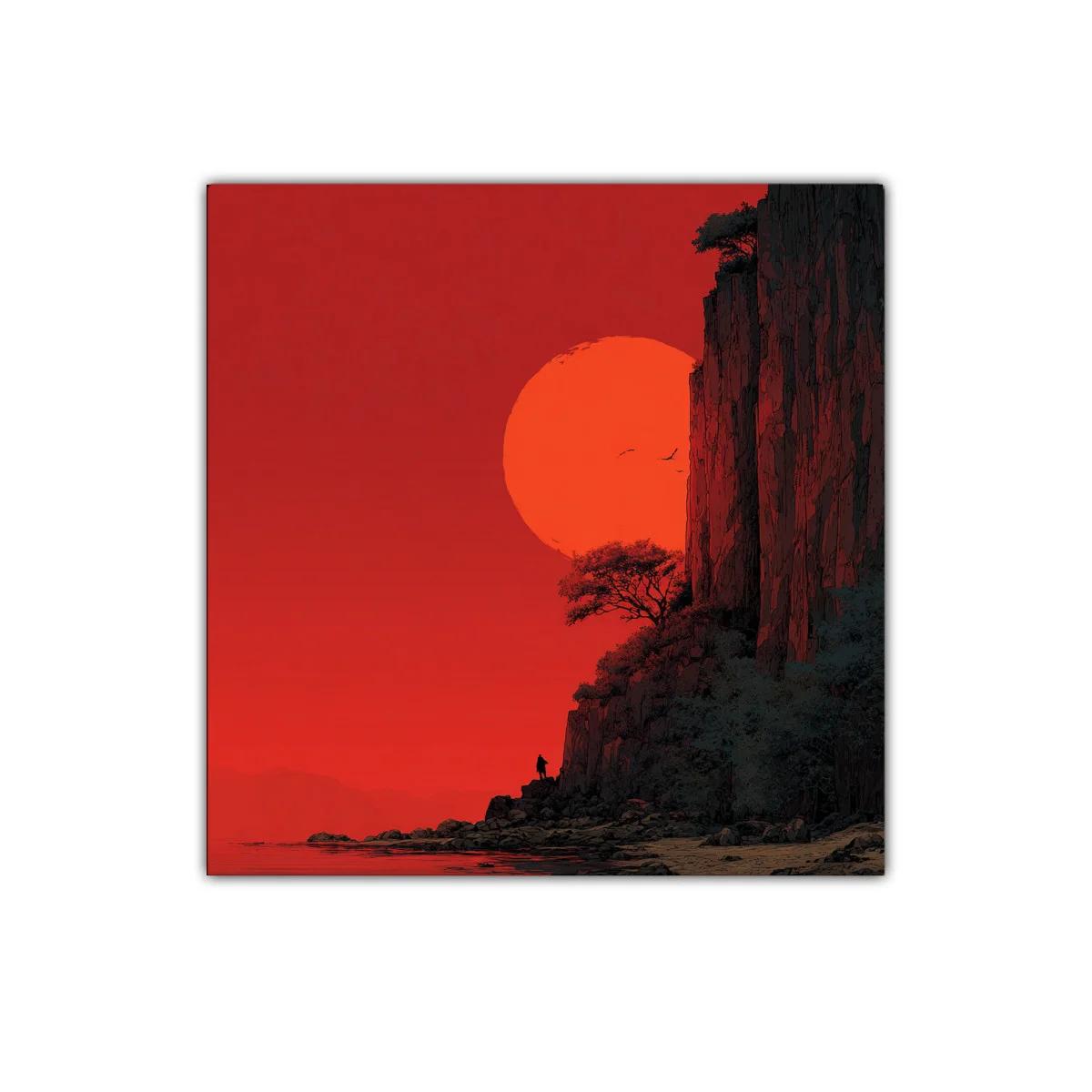 Paisaje dramático con sol rojo y acantilados rocosos — imagen principal