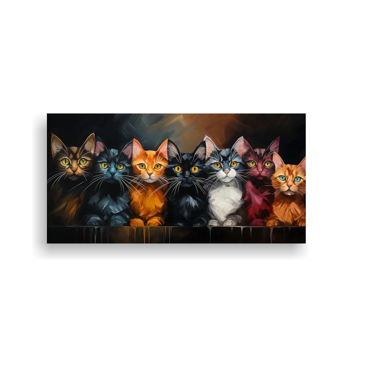 Cuadro seis gatos con ojos brillantes sobre fondo oscuro