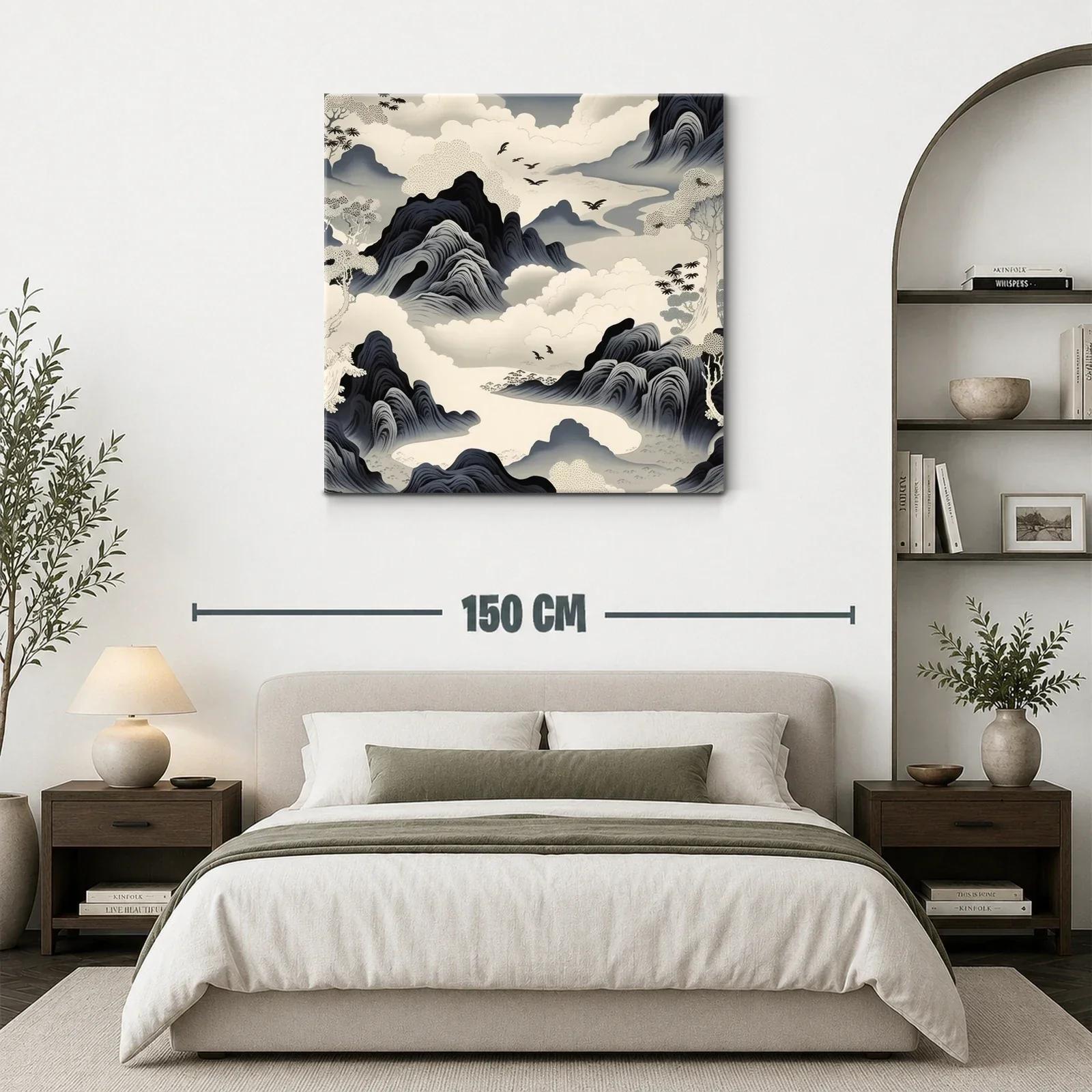 Paisaje onírico con montañas y aves en tonos neutros — miniatura 3