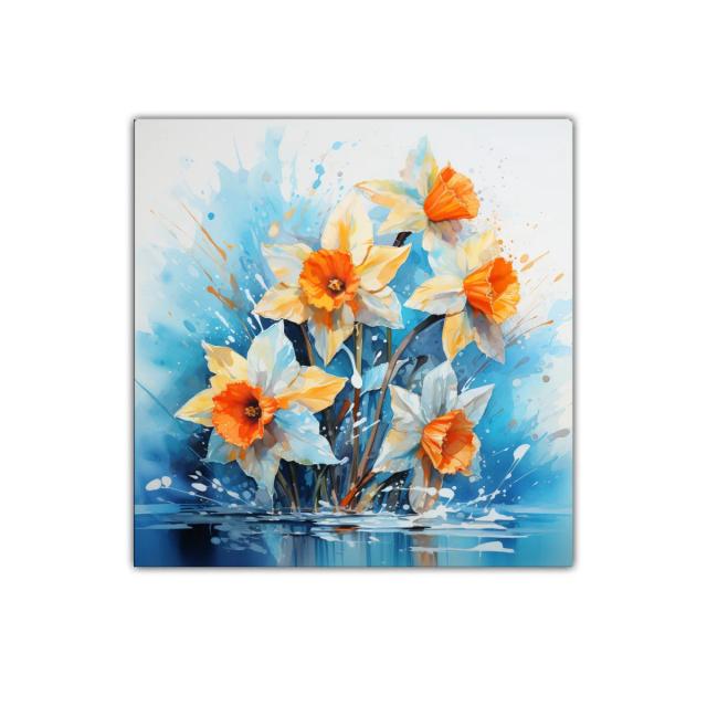 Cuadro floral vibrante con narcisos anaranjados y fondo azul