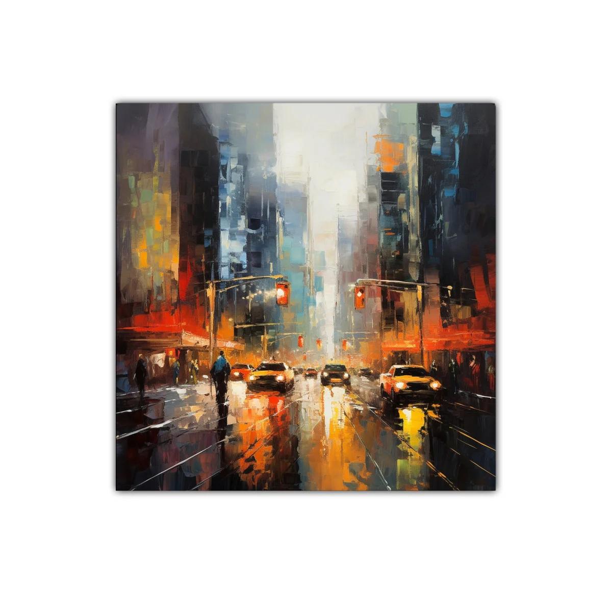 Atardecer urbano con luces reflejadas en la calle mojada — imagen principal